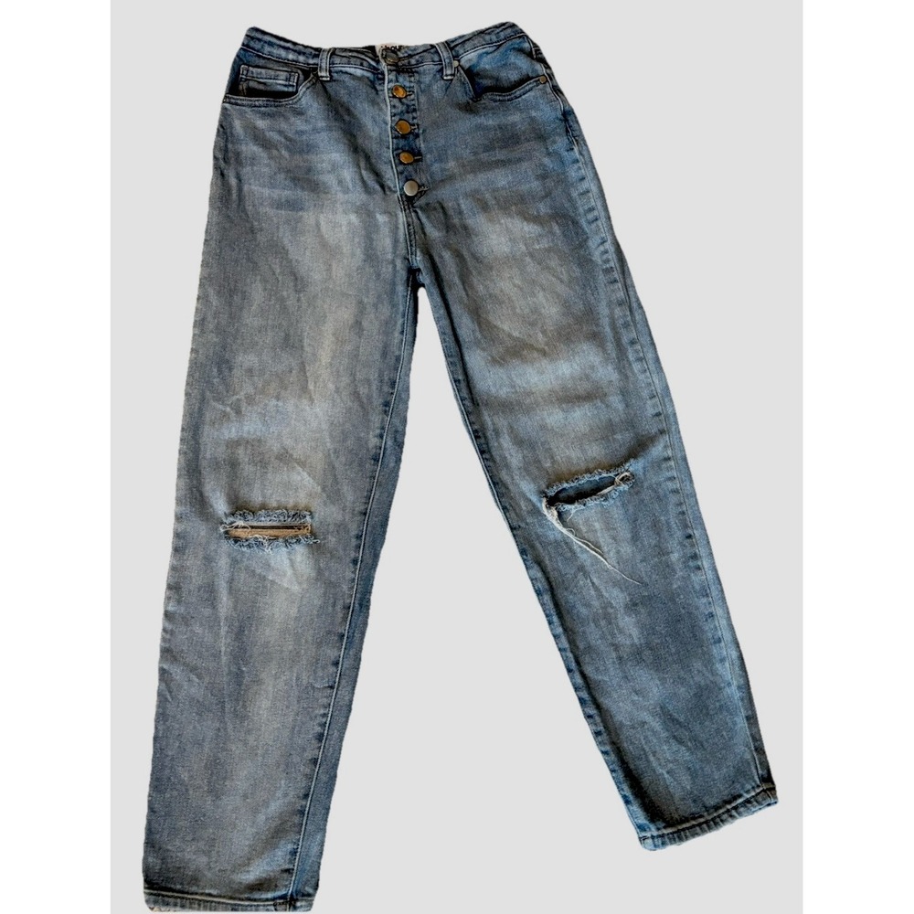 Abound Button Fly Jeans Women Sz 29 (US 6) Stretch Rip Light Blue Hi-Rise Casual